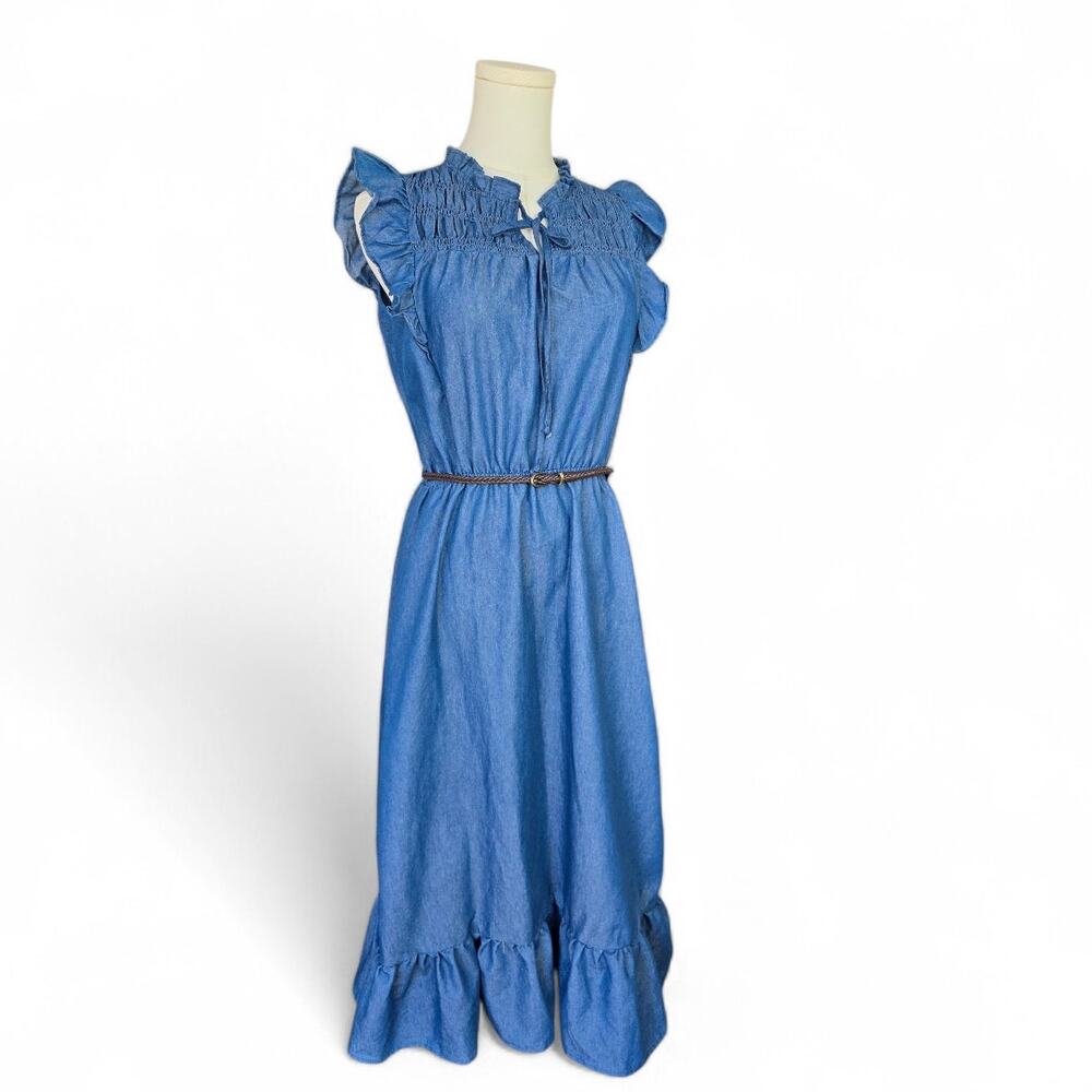 NWOT CURE Blue Tie-Neck Ruffle Sleeve with Belt Maxi Dress